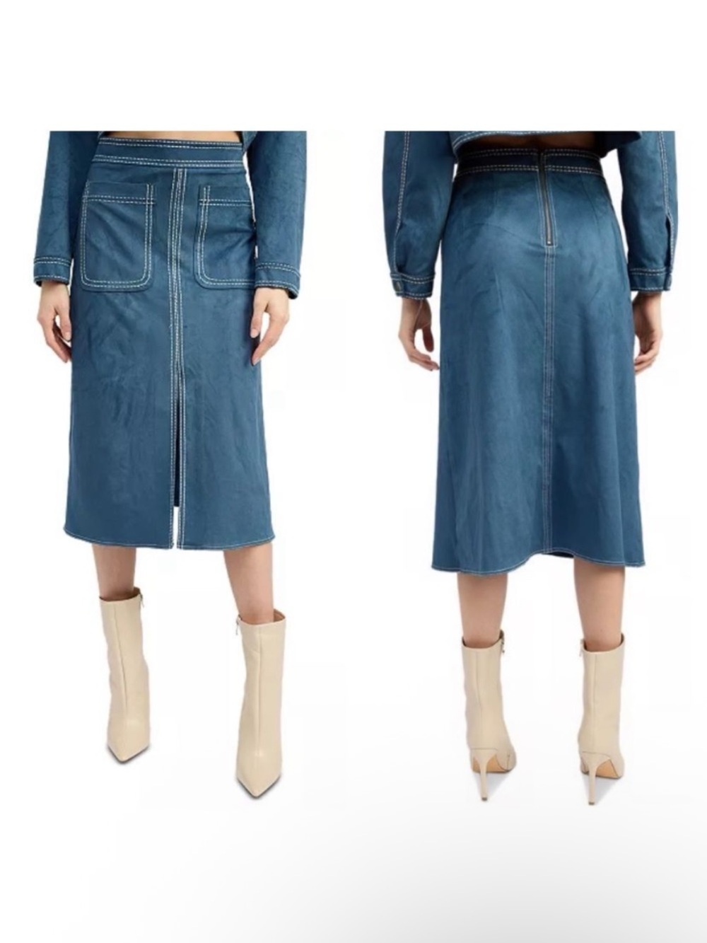 En Saison Robin Faux-Suede Slit-Front Midi Skirt